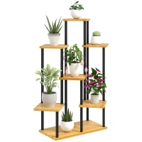 Outsunny Suport pentru plante cu 7 niveluri pentru interior și exterior, stand plante din oțel și lemn, lemn natural(m-1)