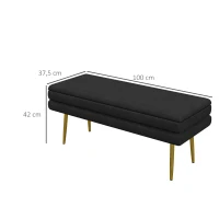 HOMCOM Bancă bancuță cutie de depozitare 2 în 1 cu șezut din catifea și picioare de oțel - 100 x 37,5 x 42 cm, negru și auriu(m-3)