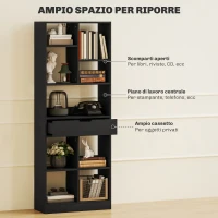 HOMCOM Libreria Moderna in Legno con Cassetto Centrale e Kit Antiribaltamento, 60x26x158 cm, Nero(m-4)