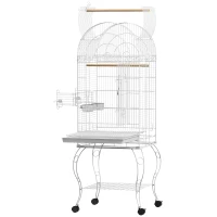 PawHut Cusca pentru pasari pe roti cu raft tava detasabila 2 boluri suport otel inoxidabil 51 x 51 x 153 cm alb(m-6)