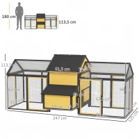 PawHut Adăpost pentru păsări, 2 țarcuri exterioare, 1 cuib, 2 rampe, rezistent la intemperii, galben.(m-3)