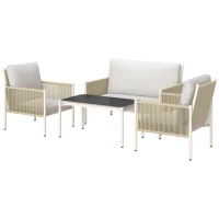 Outsunny Set mobilier grădină poliratan, canapea dublă, scaun, masă sticlă, 4 persoane, Maro, Gri(m-6)