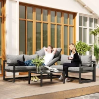 Outsunny Set Mobilier Gradina cu Canapea 3 Locuri, Scaun Adjustable, Set Canapele Exterior cu Masa Laterală și Perne, Aluminiu Gri(m-5)