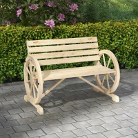 Outsunny Bancă de grădină, design cu roți de căruță, pentru 2 persoane, lemn natural, maro închis, 105,5 x 56 x 79 cm, lemn natural(m-2)