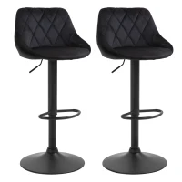 HOMCOM Set de 2 tabureți de bar cu spătar, aspect catifelat, cadru din oțel, scaune de bucătărie reglabile înălțime cu suport pentru picioare, rotative, taburet de bar, negru(m-1)