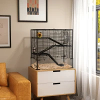 PawHut Cușcă pentru Hamster cu Bază din Sticlă, Cu 4 Etaje și Accesorii, 78,5L x 48,5B x 80H cm, Negru(m-2)