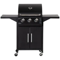 Outsunny Gril cu gaz, Gril BBQ cu 3 arzătoare fiecare cu 2,9 kw, 4 roți, Negru(m-6)