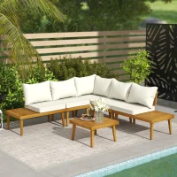 Outsunny Salon de grădină în aer liber, 5 locuri, modular din lemn de acacia, canapea unghiulară în aer liber cu masă de cafea și perne(m-5)