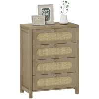 HOMCOM Comodă 4 sertare mobilier de depozitare stil boemian cu uși din răchită, 70 x 38 x 93 cm, efect lemn natural