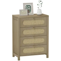 HOMCOM Comodă 4 sertare mobilier de depozitare stil boemian cu uși din răchită, 70 x 38 x 93 cm, efect lemn natural(m-1)