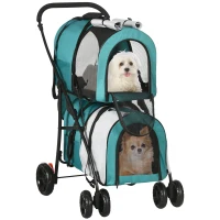 PawHut Cochecito Dublu pentru Câini Pisici Pliabil cu 2 Transportoare Extraibile cu Centură și Perne 66x50x98 cm Verde și Gri(m-1)