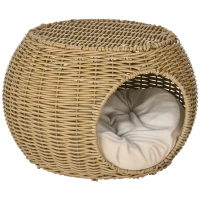 PawHut Coș casă pentru pisici 2 etaje din rășină împletită aspect răchită cu 1 pernă moale Ø 40 x 30 cm maro deschis(m-1)
