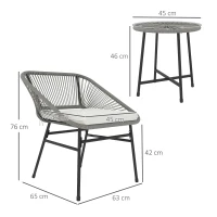 Outsunny Set de mobilier de exterior cu 3 piese, 1 masă, 2 scaune, Împletitură de ratan, Cadru din oțel, Masă de cafea cu blat de sticlă, Gri închis(m-3)