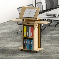 HOMCOM Suport de Podium cu Role, Pupitru cu Aripi Laterale Pliabile, Măsuță pentru Laptop cu Sertar și Rafturi, Stejar(m-4)