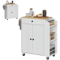 HOMCOM Cărucior de bucătărie cu sertar, dulap, raft pentru condimente, suport pentru prosoape,  82 x 38 x 86,5 cm, Alb/Stejar(m-1)