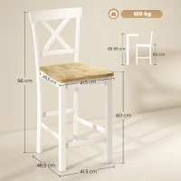 HOMCOM Set de 2 scaune de bar cu spătar și suport pentru picioare, lemn de cauciuc, pentru bucătărie, sală de mese, bar, Stejar+Alb(m-3)