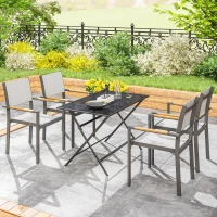 Outsunny Lot de 4 scaune de grădină, scaune de masă cu brațe efect de lemn cadru din aluminiu, gri deschis(m-5)