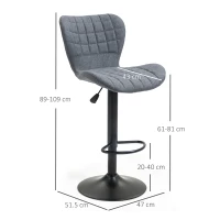HOMCOM Set de 2 Taburete de Bar Design, Spătar curbat căptușit, Înălțime de ședere reglabilă 61-81 cm, pivotante 360°, Suport pentru picioare, Velur Gri(m-3)