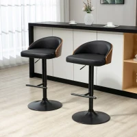 HOMCOM Scaune de Bar Set 2 buc., Scaun de Bar Tapitat din Oțel și Lemn Masiv, Înălțime Reglabilă pentru Bucătărie cu Suport pentru Picior, Rotativ 360°, Scaun de Bar pentru Bucătărie, Sufragerie, Sală de Mese, Negru+Cafea(m-2)
