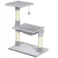PawHut Arbore de pisici 3 dălți zgărie sisal natural platformă hamac și minge suspendată 50 x 26 x 70 cm pluș scurt gri(m-7)