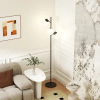 HOMCOM Lampadar de podea în metal cu 3 abajururi globe din sticlă mată albă 40W Ø 27 x 169 cm negru(m-5)