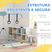 HOMCOM Barra de Ginástica para Crianças com Altura Ajustável em 5 Níveis Anéis e Dobrável 148x105x88-128 cm Azul(m-5)