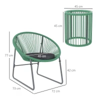 Outsunny Set de mobilier de exterior cu 3 piese, 1 masă, 2 scaune, placă de masă din sticlă, poliratan plastic înfășurat în cadre de oțel, perne moi, Verde(m-3)