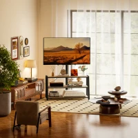 HOMCOM Mobilier TV cu suport pentru televizoare de la 32 la 70 de inci, rafturi deschise, unghi ajustabil 35°, 108x41x135cm, efect lemn natural(m-2)