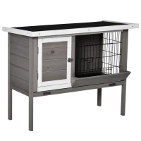 PawHut Clapier din lemn pentru iepure cu acoperiș din asfalt furajer tavă detașabilă și 2 uși 91 x 46 x 71 cm gri(m-6)