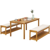 Outsunny Set de mobilier de grădină 3 buc., Set de scaune cu 1 masă cu orificiu pentru umbrelă, 2 bănci 150 x 85 x 75 cm Teak(m-6)