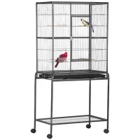 PawHut Colivie pentru Păsări Portabilă cu 4 Mânjitoare și 4 Bățuri Practică 77 x 47 x 163 cm Negru și Gri(m-1)