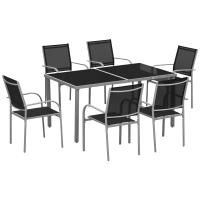 Outsunny Set de mobilier de grădină 6 scaune + 1 masă din oțel salon de grădină 7 piese scaune empilabile placă din sticlă securizată negru