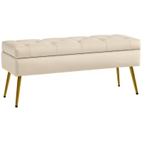 HOMCOM Bancă de depozitare în aspect de catifea, Hocker căptușit cu design căptușit, Cadru metalic, 102 x 35 x 43 cm, Bej(m-1)