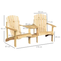 Outsunny Set Scaun și Masă cu Orificiu pentru Umbrelă, 2 Locuri Scaun Grupa Lemn Masiv Natural 178 x 87 x 92 cm(m-3)