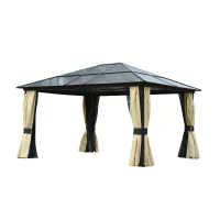 Outsunny Pavilion de grădină Hardtop 4.2 x 3.6 m, Draperii cu plasă împotriva insectelor, Structură din aluminiu, Maro+Crem(m-7)
