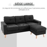HOMCOM Canapé d'angle en tissu de lin forme L design scandinave pour salon appartement petit espace 193x136x85cm noir(m-5)