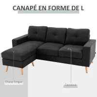 HOMCOM Canapé d'angle en tissu de lin forme L design scandinave pour salon appartement petit espace 193x136x85cm noir(m-6)
