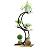 Outsunny Suport de plante cu 4 rafturi, lemn masiv, rezistent la intemperii, 46 cm x 25 cm x 91 cm, Negru + Natural(m-1)