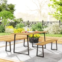 Outsunny Grup de mobilier din 3 piese din lemn pentru 6 persoane Masă de bucătărie cu 2 bănci Orificiu pentru umbrelă Masă din lemn 178 x 76 x 77 cm Lemn natural(m-4)