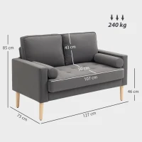 HOMCOM Canapea 2 locuri elegantă din catifea 127 cm cu perne groase, 2 perne și șezut captușit, gri(m-3)