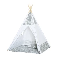 HOMCOM Cort Teepee Indian Cort de joacă pentru Copii în Stil Grafic - dim. 1,2L x 1,2l x 1,55H m - Ușă închisă Fereastră Covor Pernă Geantă Transport Inclusă - la Interior și Exterior Gri Alb(m-6)