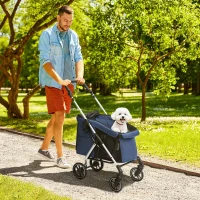 PawHut Cărucior pentru câini, transport ușor și pliabil pentru câini mici, pernă lavabilă, ferestre din plasă, Albastru inchis(m-2)
