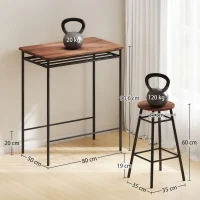 HOMCOM Mesa Alta de Cozinha com 2 Bancos EstiIo Industrial Prateleira Aberta Apoio para Pés para Espaços Reduzidos Castanho(m-3)