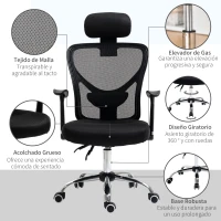 Vinsetto Scaun de Birou Rotativ Scaun de Oficiu cu Inaltime Reglabila Spatar Inclinabil Tetiera Reglabila si Suport Lombar Tapitat in Plasa Respirabila Neagra(m-3)