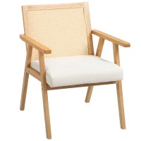 HOMCOM Scaun de salon din lemn, scaun din răchită cu spătar din răchită și pernă umplută și brațe, lemn natural(m-1)
