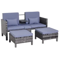 Outsunny Set mobilier de grădină, 3 piese, canapea și 2 taburete, pentru 2-5 persoane, perne de șezut, ratan, gri.(m-1)