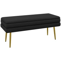 HOMCOM Bancă bancuță cutie de depozitare 2 în 1 cu șezut din catifea și picioare de oțel - 100 x 37,5 x 42 cm, negru și auriu(m-1)