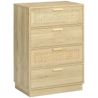HOMCOM Comoda design boem din ratan cu 4 sertare, mobilier de depozitare pentru living, hol, intrare, lemn natural(m-6)