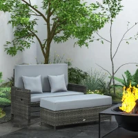 Outsunny Canapea de grădină 2 în 1 cu funcție de șezlong, taburet cu depozitare, perne, Gri, 130x72x96 cm(m-2)