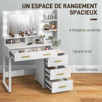 HOMCOM Coiffeuse avec miroir et 9 lumières LED, 4 tiroirs et 6 compartiments ouverts, 100 x 40 x 138 cm, blanc(m-4)